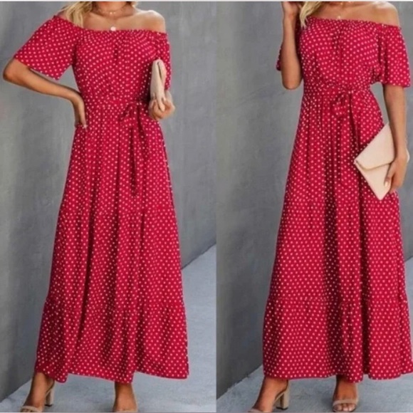 Boho polka dot off shoulder belted maxi dress - Picture 2 of 4